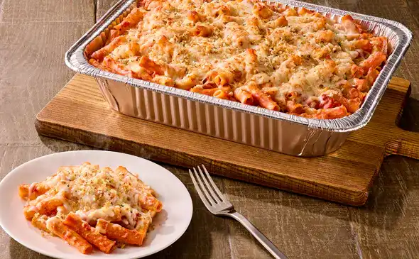 Five Cheese Ziti al Forno serves 4 to 6 people baked with creamy cheese and marinara sauce