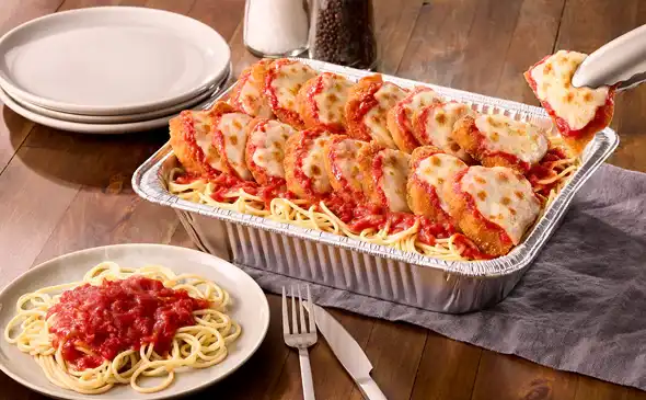 Delicious baked Chicken Parmigiana meal for family dinner serves 4 to 6