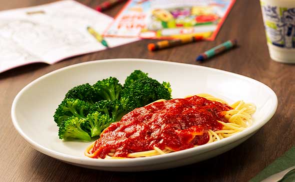 Kids vegetarian pasta meal with tomato sauce served hot with choice of noodles