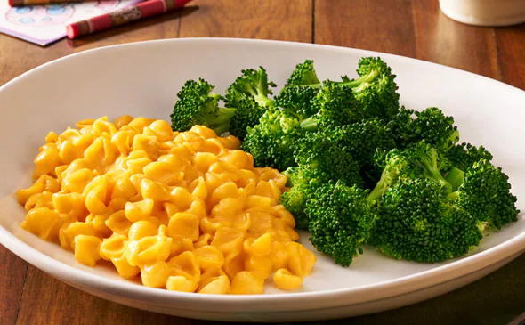 Kids macaroni and cheese meal served hot with creamy cheddar sauce