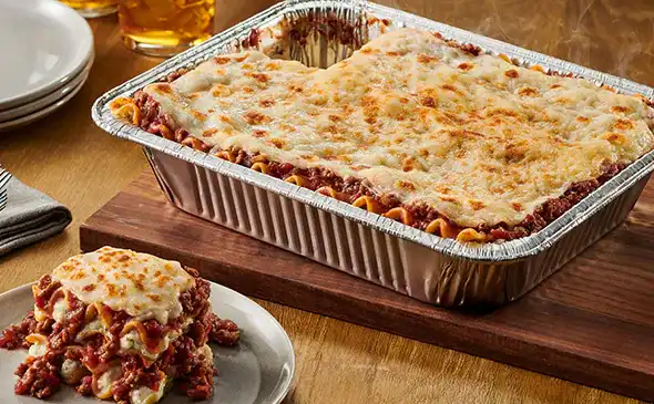 Lasagna Classico serves up to 12 people layered with pasta, cheese, and meat sauce