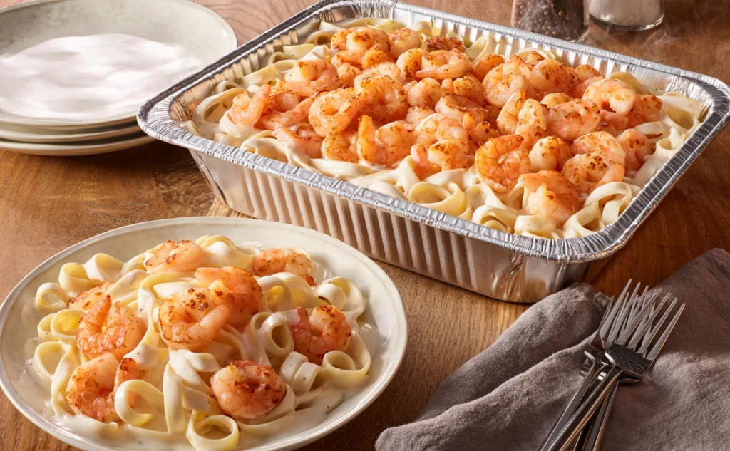 Classic Italian Shrimp Alfredo family meal serves 4 to 6 with fettuccine and parmesan