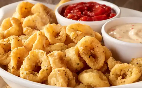 Crispy fried calamari rings served with marinara dipping sauce