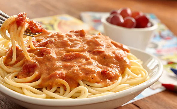 Kids vegetarian pasta meal with Five Cheese Marinara sauce served hot with choice of noodles