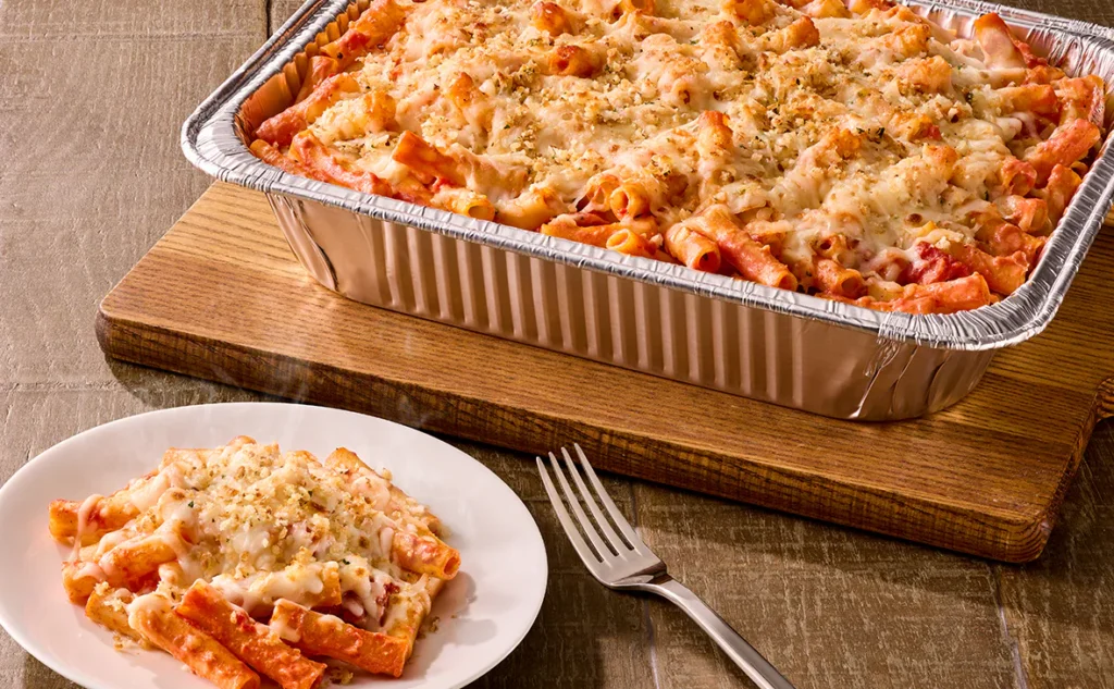 Five Cheese Ziti al Forno Family Meal Baked ziti pasta with creamy five-cheese marinara, topped with melted Italian cheeses, serves 4 to 6.